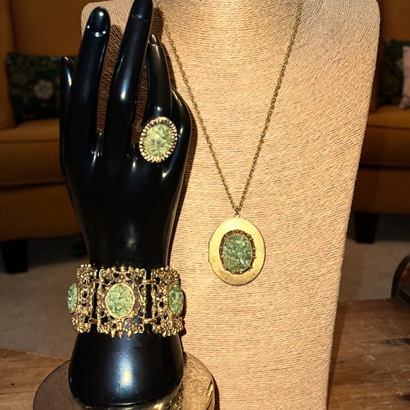 Jewelry - Vintage Modernist Brutalist Set Bracelet Locket Necklace & Ring w Green Stones